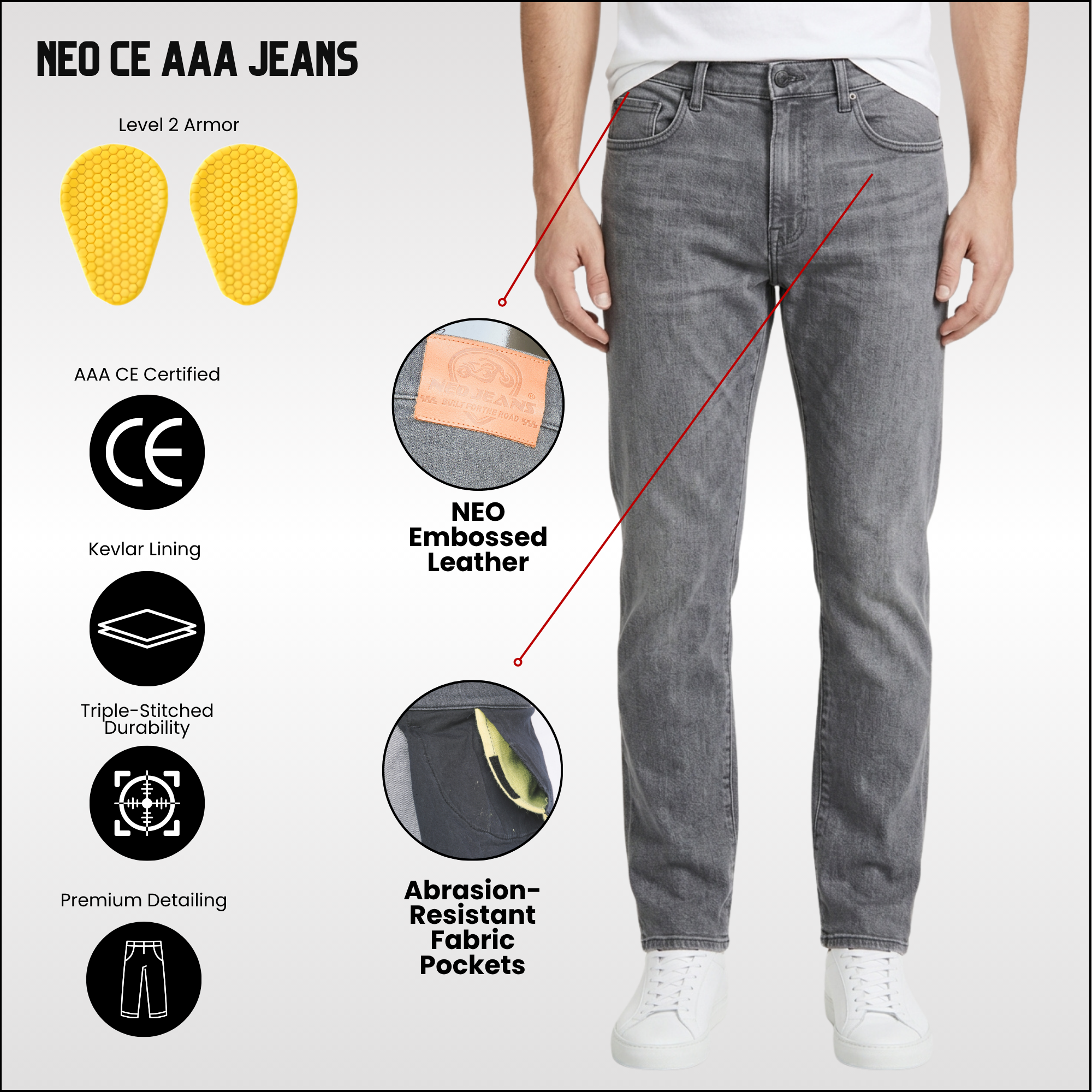 NEO CE AAA MEN IRON RIDE JEANS – GREY | Ultimate Protection With CE Fabric, CE Hip and Knee Armors