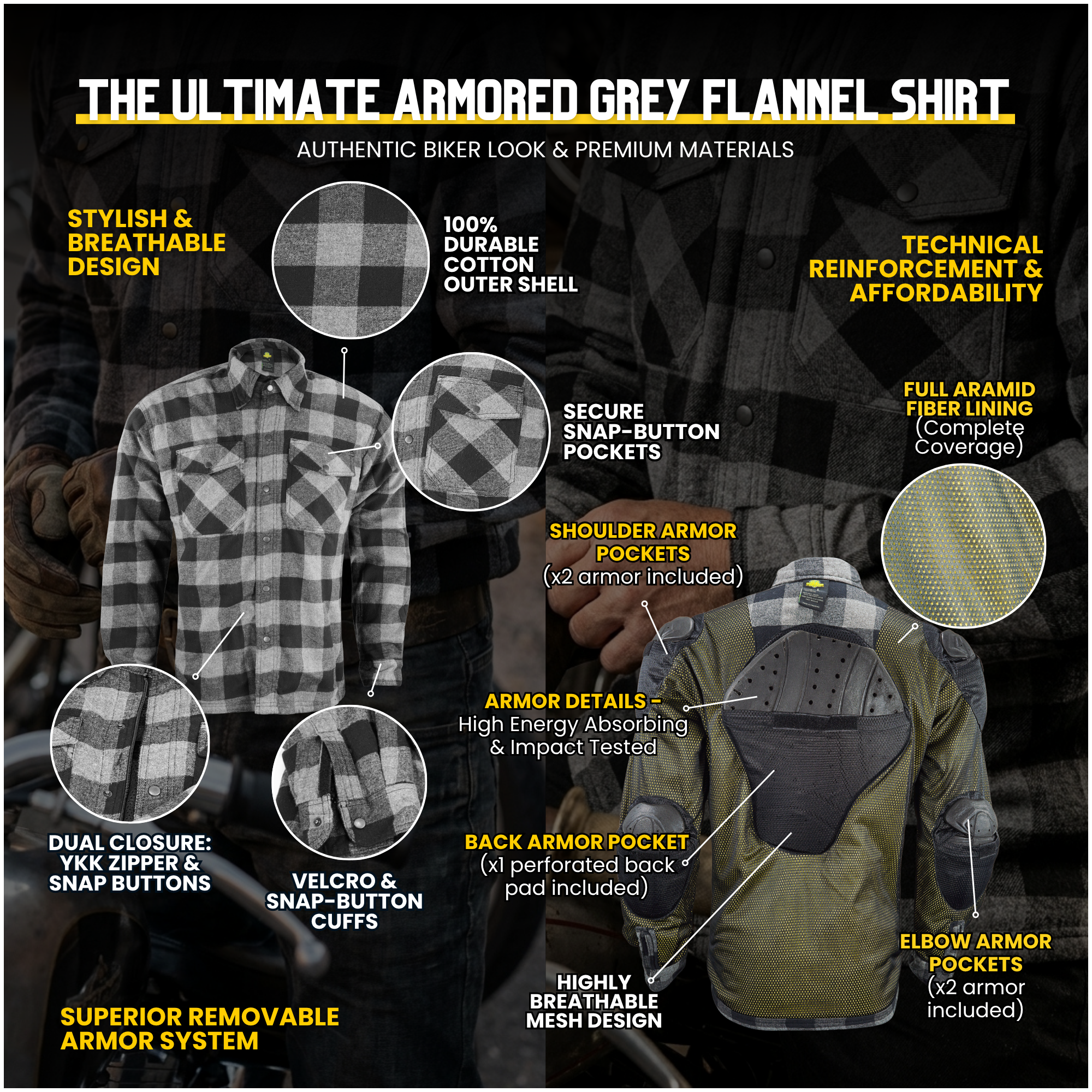 Motorcycle Riding Flannel Shirt Reinforced With Kevlar - Black/ Grey