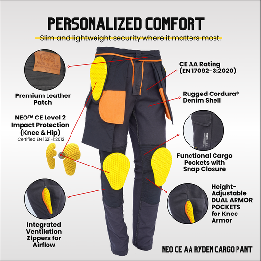 NEO CE AA RYDEN CARGO PANT – BLACK | Ultimate Protection With CE Fabric, CE Hip and Knee Armors