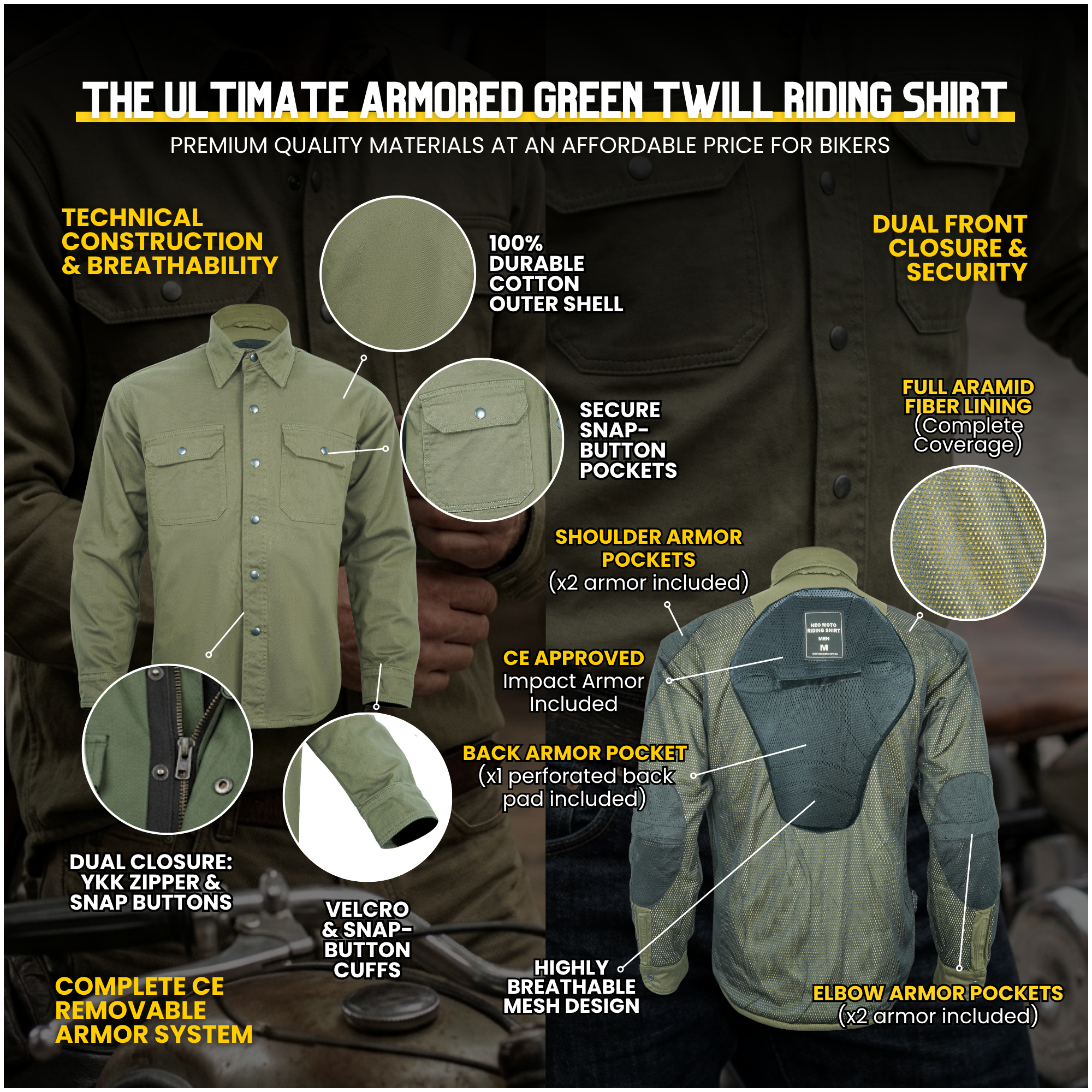 Green Armored Motorcycle Riding Shirt Reinforced With Kevlar - Cotton Twill Fabric