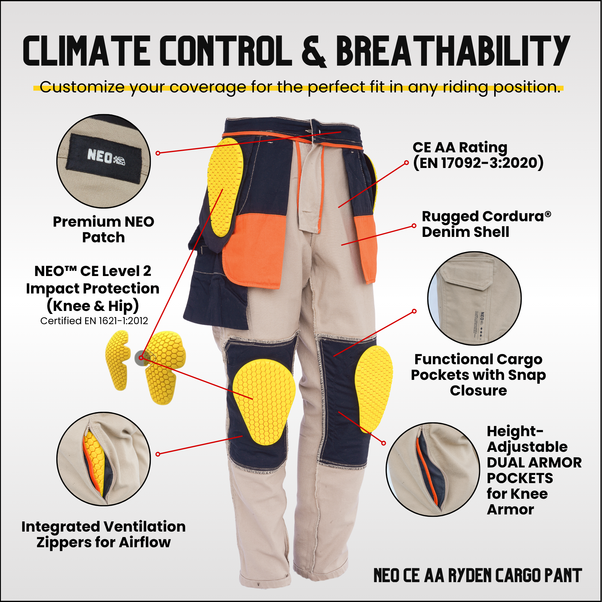NEO CE AA RYDEN CARGO PANT – Mustard | Ultimate Protection With CE Fabric, CE Hip and Knee Armors