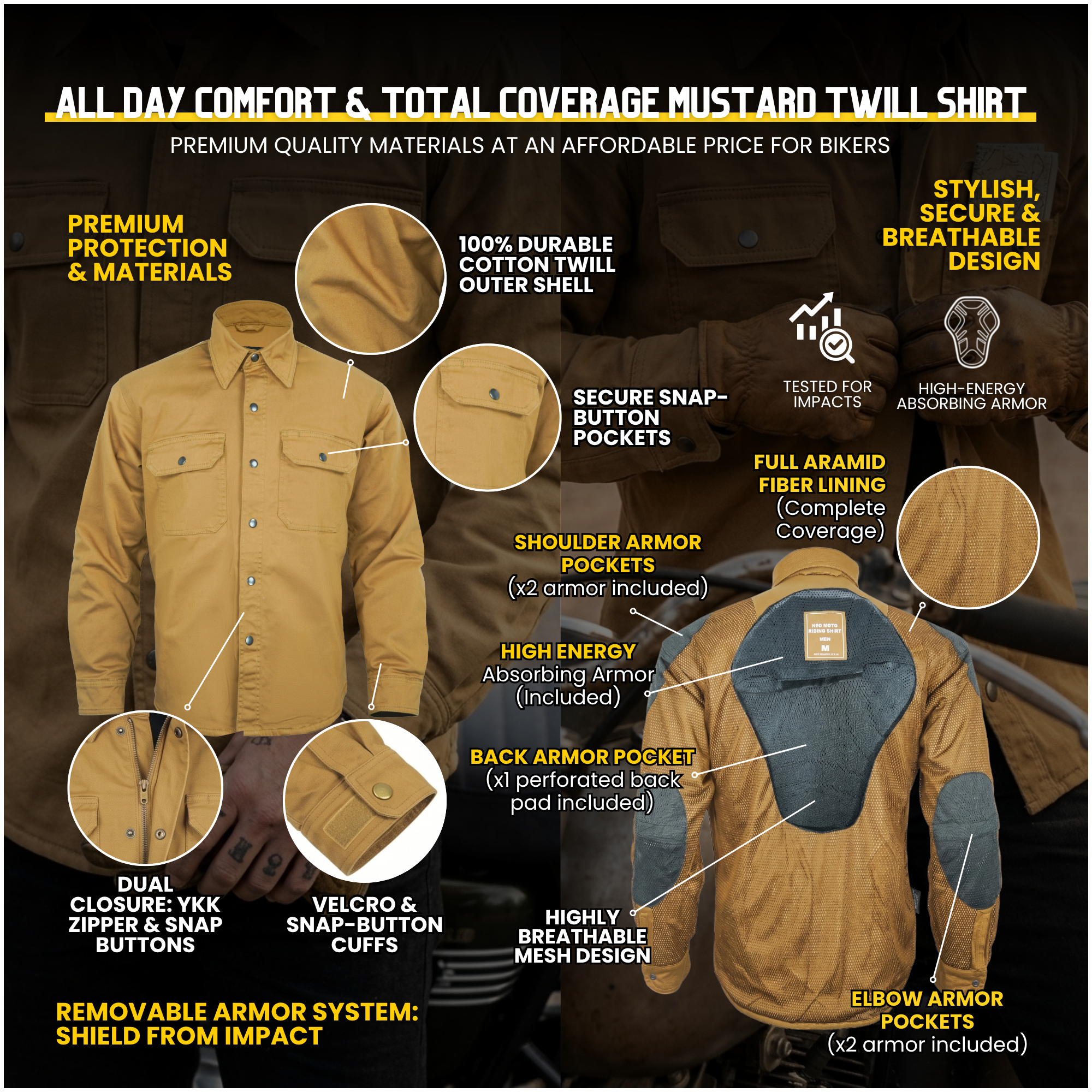 Mustard Armored Motorcycle Riding Shirt Reinforced With Kevlar - Cotton Twill Fabric
