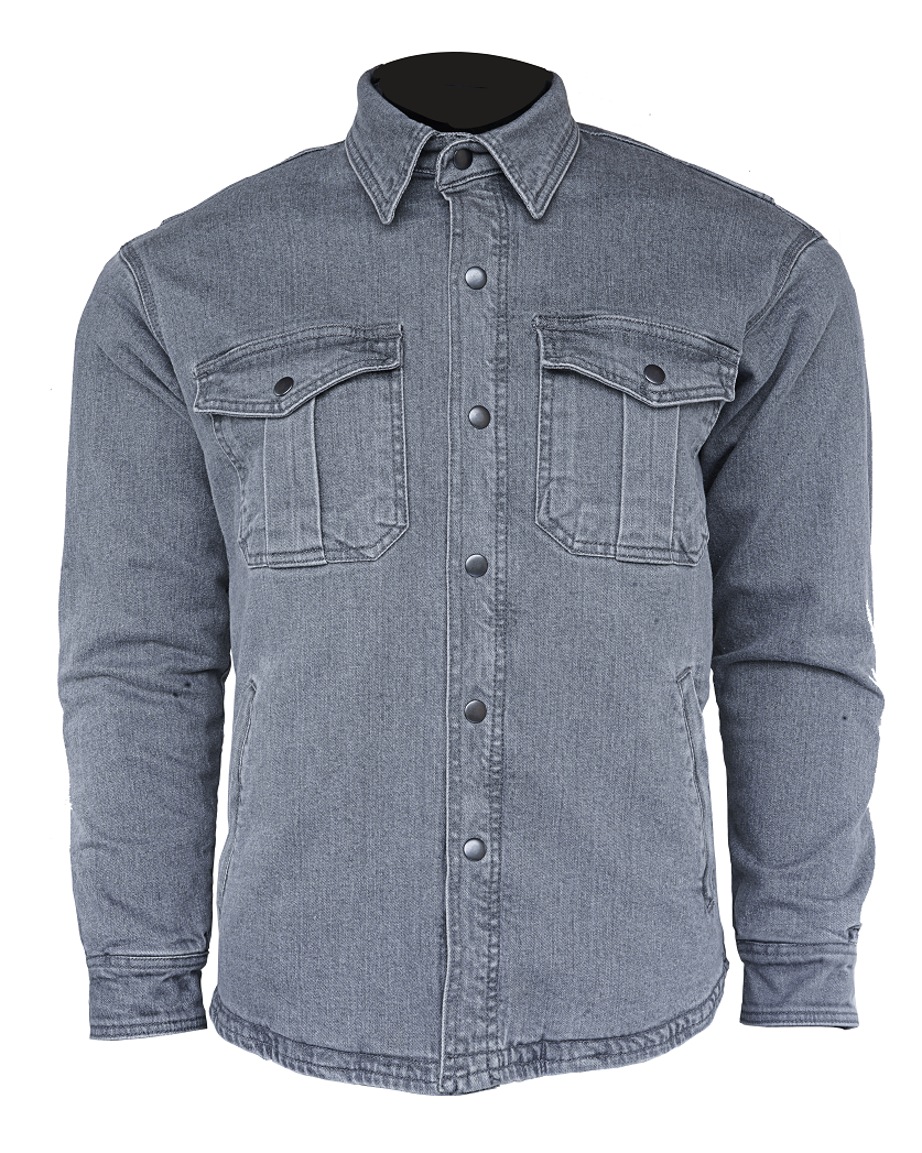 Grey Armored Motorcycle Neo Denim Moto Riding Shirt Reinforced With full 100% Genuine Heavy Aramid Fabric Lining