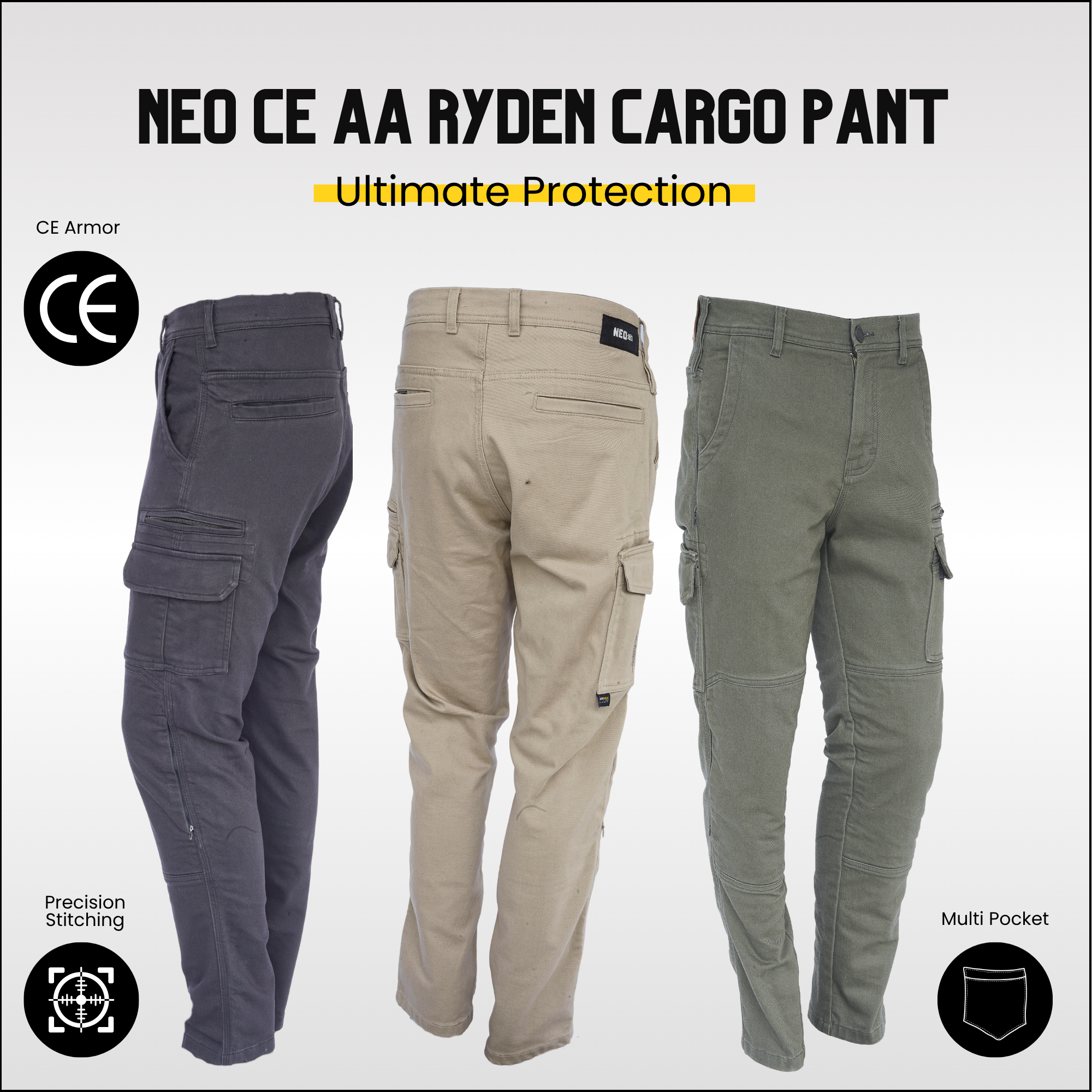 NEO CE AA RYDEN CARGO PANT – GREEN | Ultimate Protection With CE Fabric, CE Hip and Knee Armors
