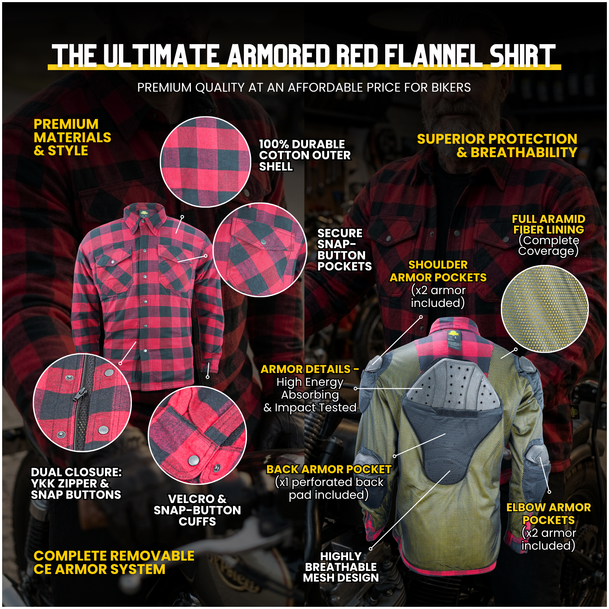 Motorcycle Ridding Flannel Shirt Reinforced With Kevlar – Red