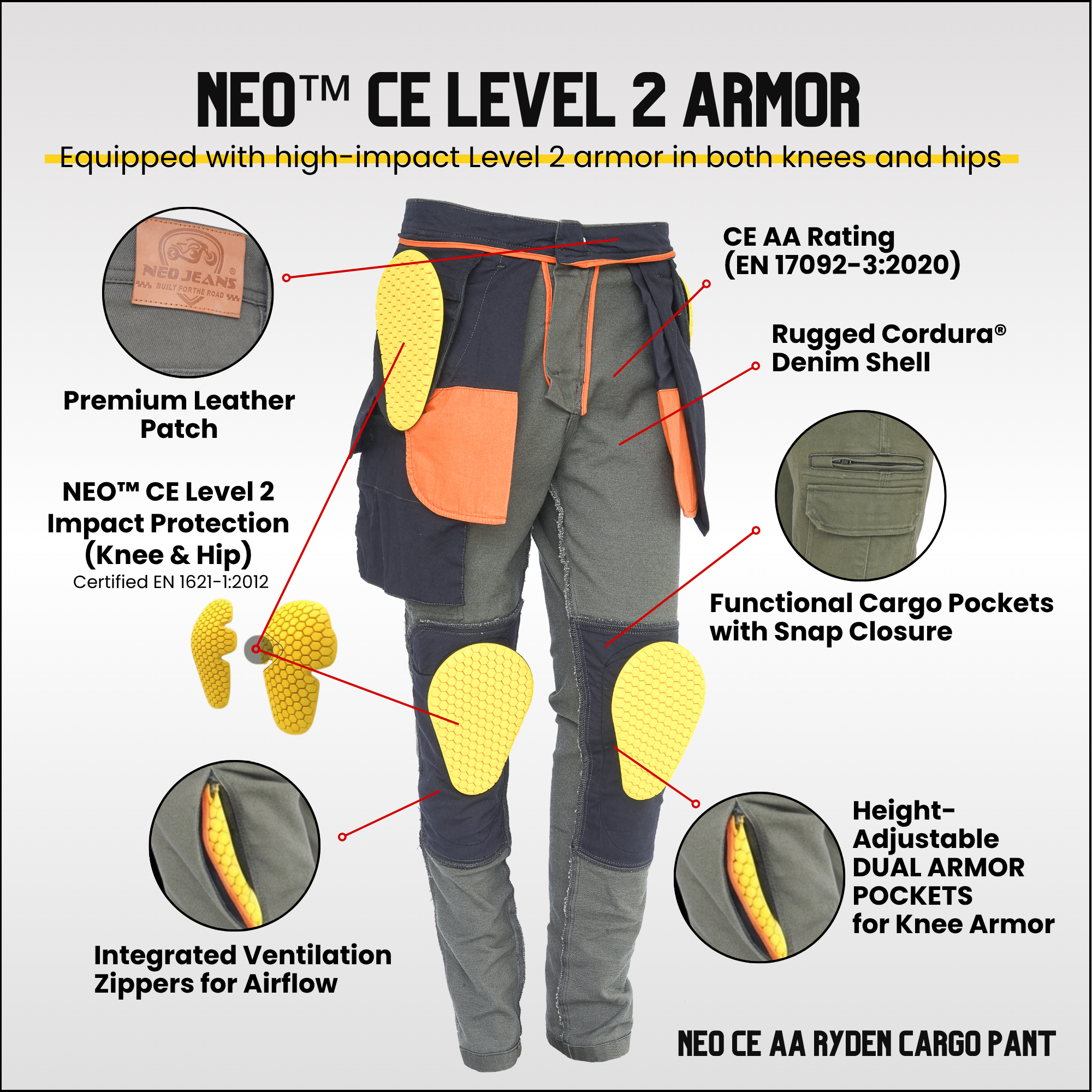 NEO CE AA RYDEN CARGO PANT – GREEN | Ultimate Protection With CE Fabric, CE Hip and Knee Armors