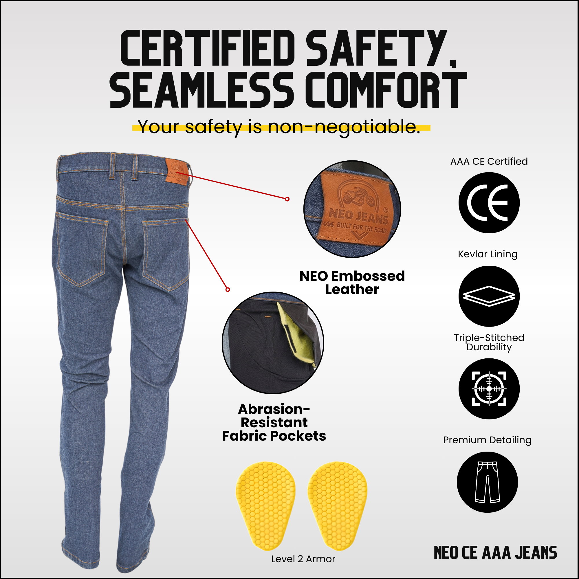 NEO CE AAA MEN IRON RIDE JEANS – BLUE |  Ultimate Protection With CE Fabric, CE Hip and Knee Armors