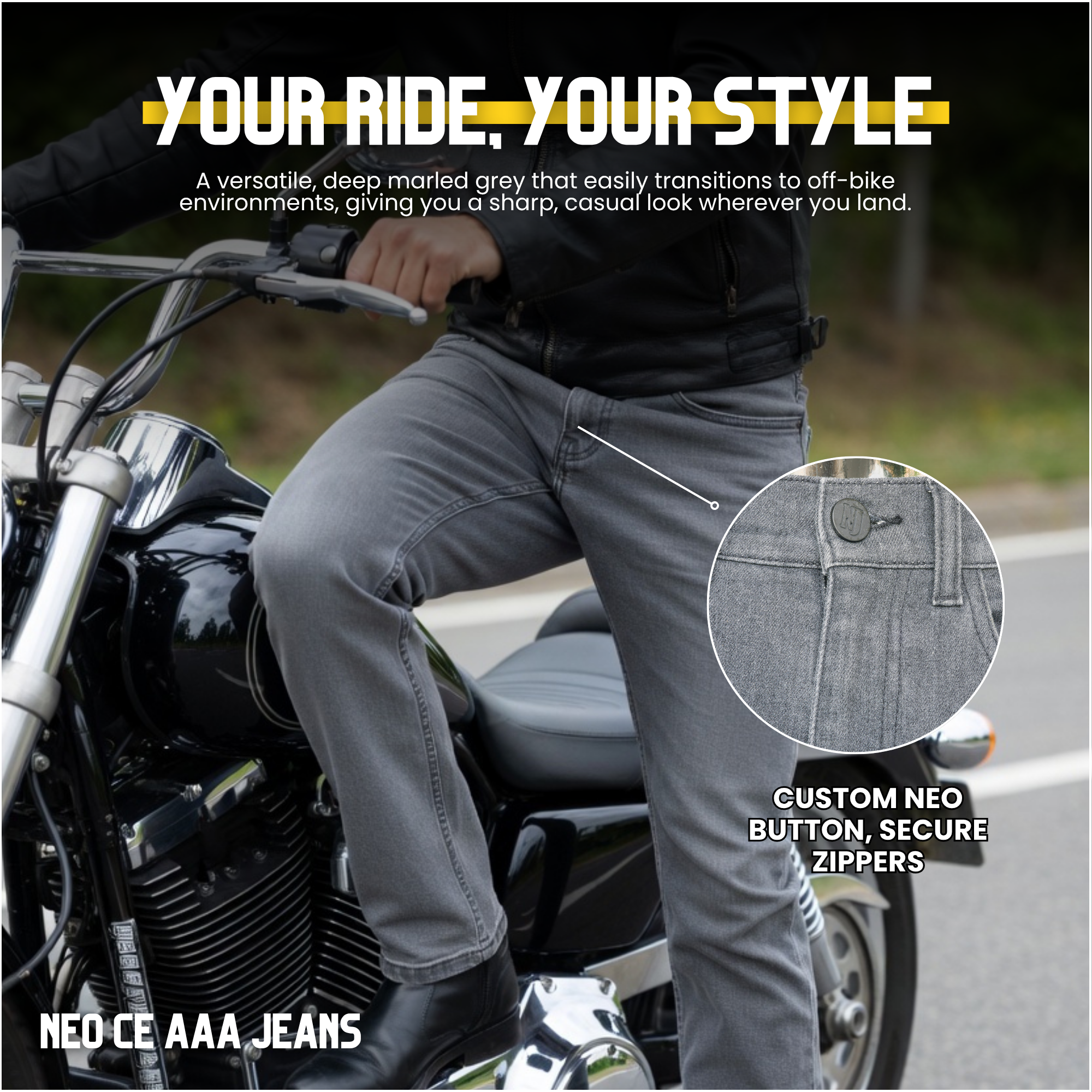 NEO CE AAA MEN IRON RIDE JEANS – BLACK CHARCOAL | Ultimate Protection With CE Fabric, CE Hip and Knee Armors