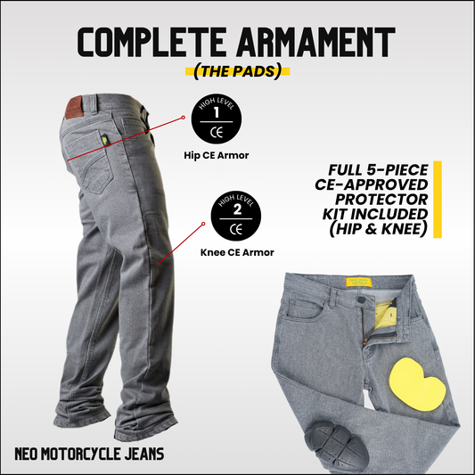 NEO MENS Motorcycle Jeans – Grey lined with Aramid fibers and Free knee & Hips Armors