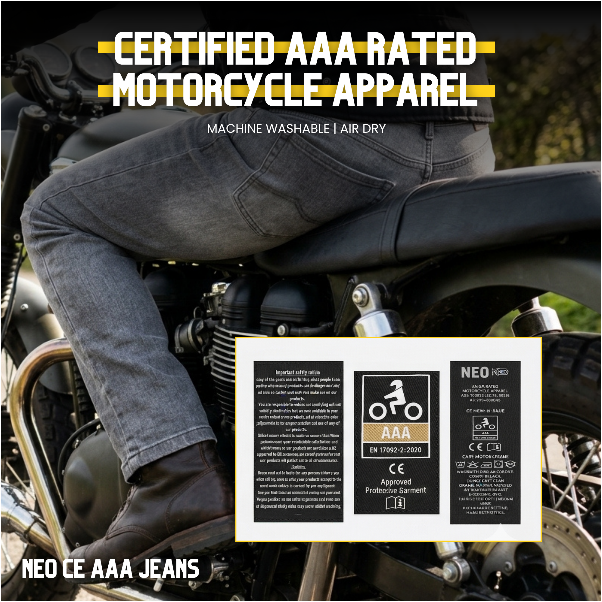 NEO CE AAA MEN IRON RIDE JEANS – BLACK CHARCOAL | Ultimate Protection With CE Fabric, CE Hip and Knee Armors