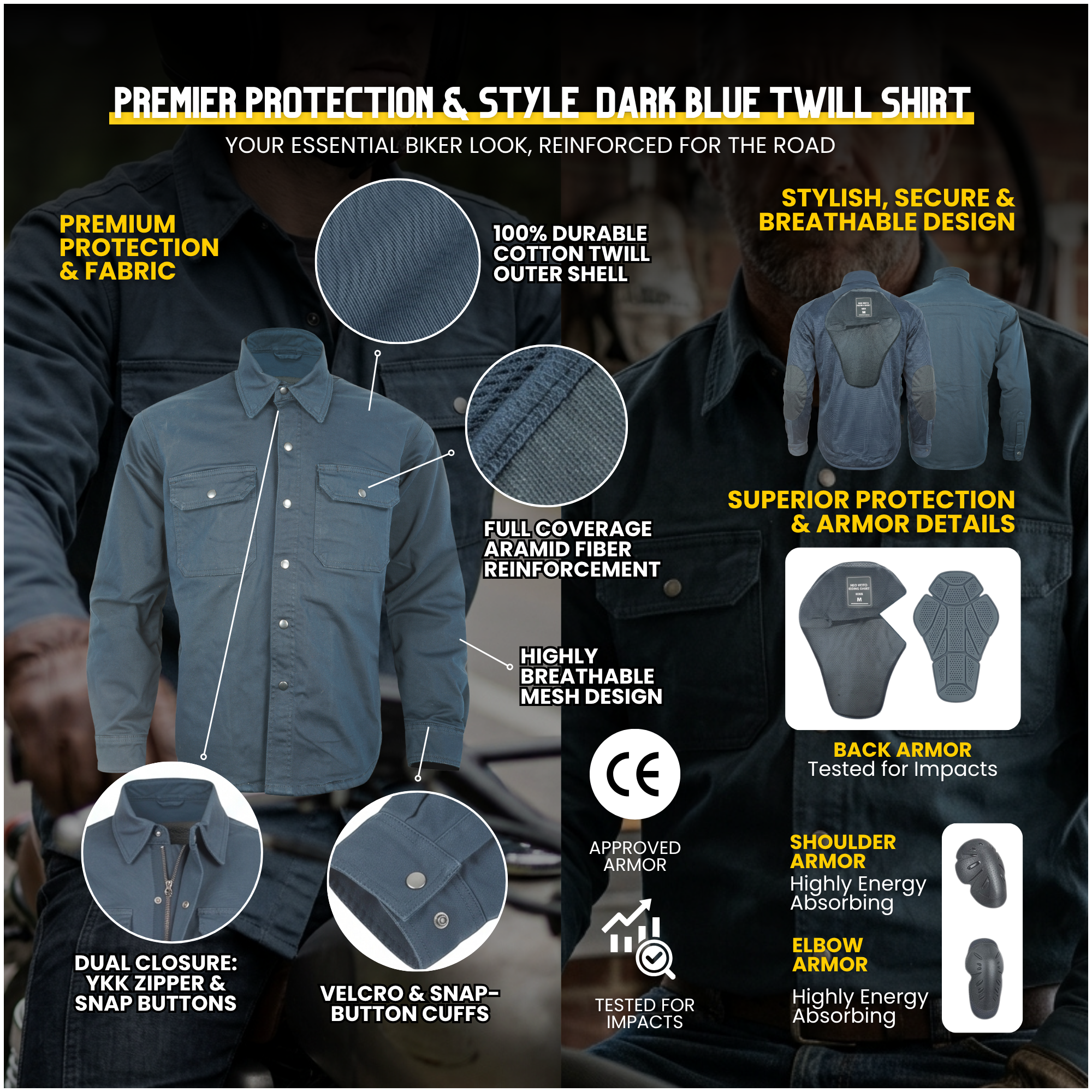 Dark Blue Armored Motorcycle Riding Shirt Reinforced With Kevlar - Cotton Twill Fabric
