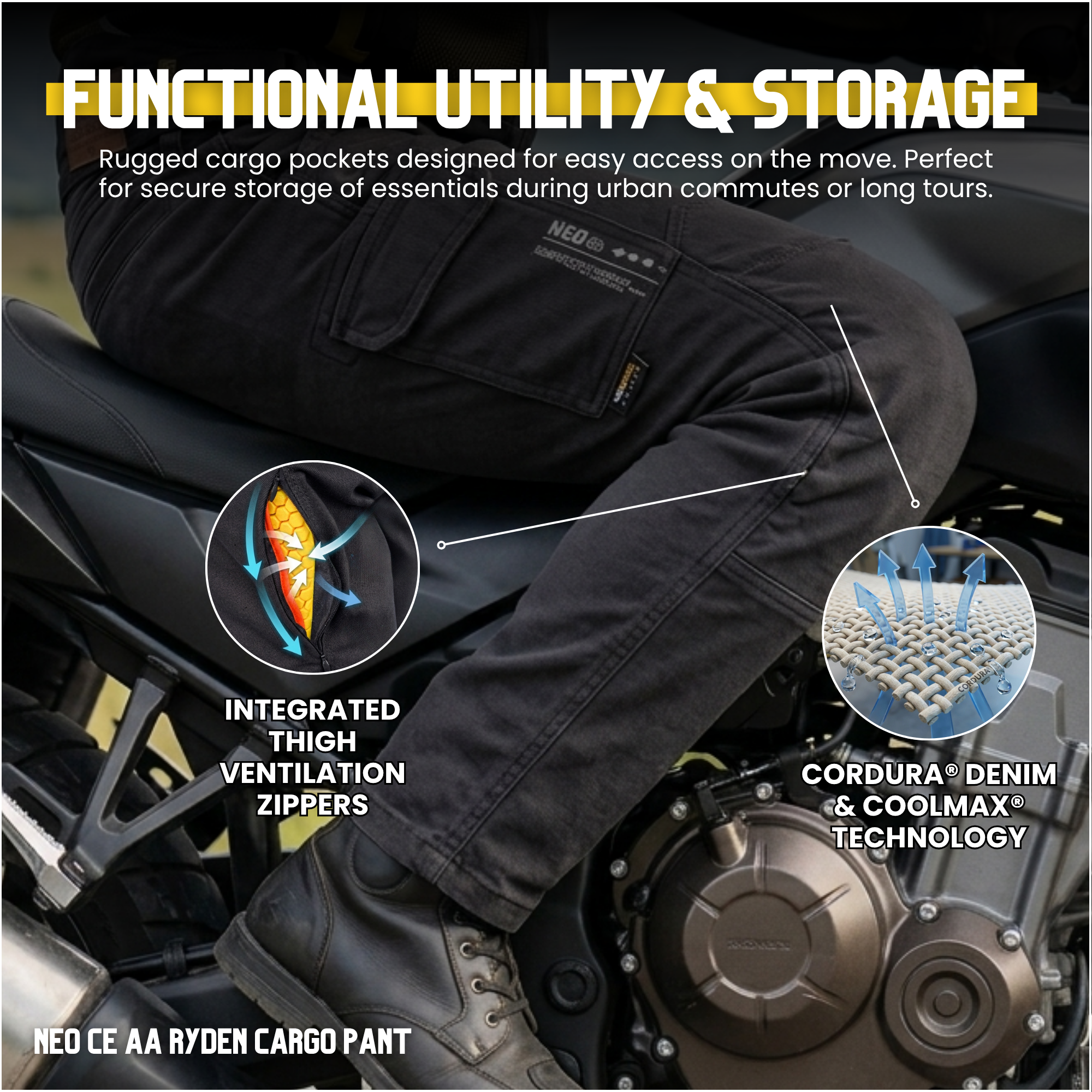 NEO CE AA RYDEN CARGO PANT – BLACK | Ultimate Protection With CE Fabric, CE Hip and Knee Armors