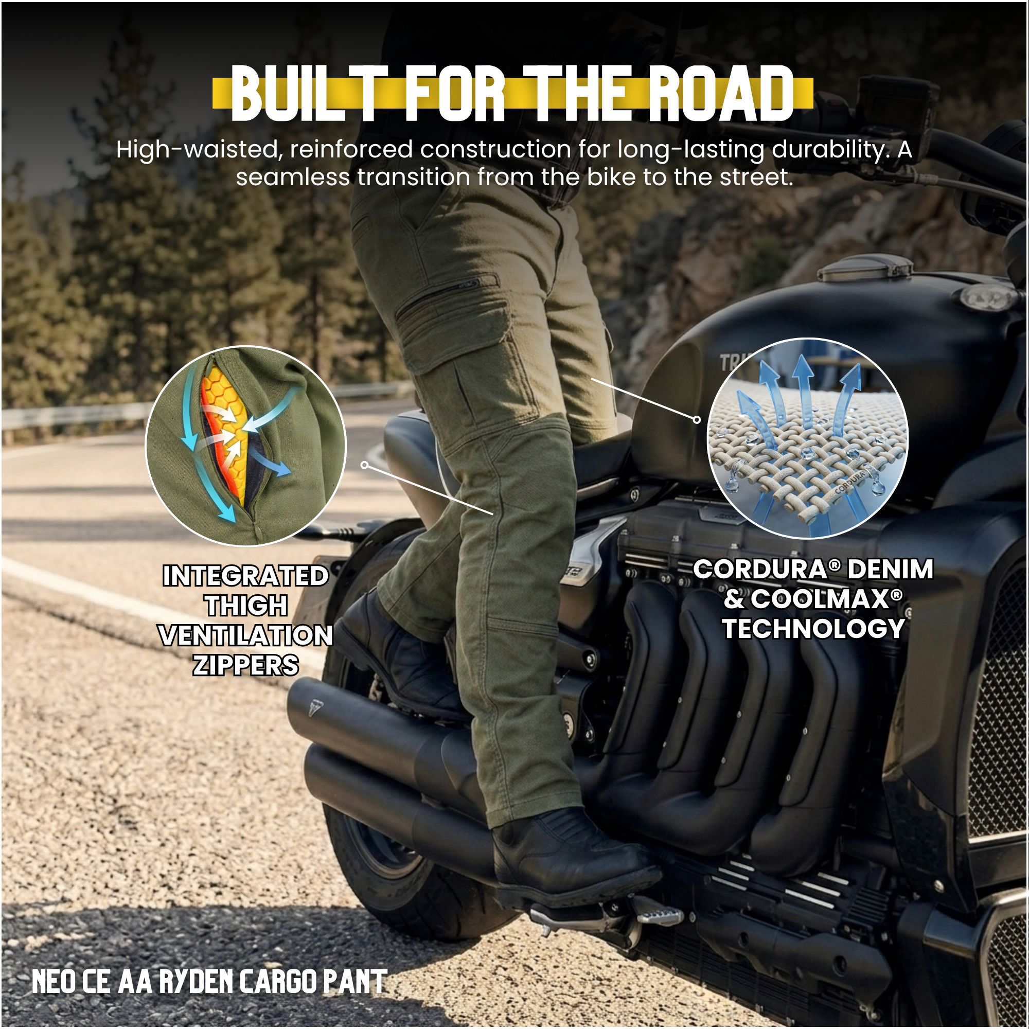 NEO CE AA RYDEN CARGO PANT – GREEN | Ultimate Protection With CE Fabric, CE Hip and Knee Armors
