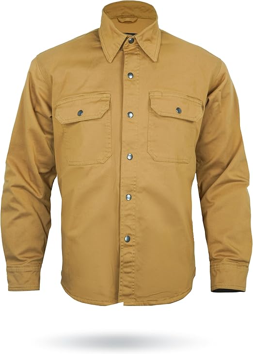 Mustard Armored Motorcycle Riding Shirt Reinforced With Kevlar- Cotton Twill Fabric.