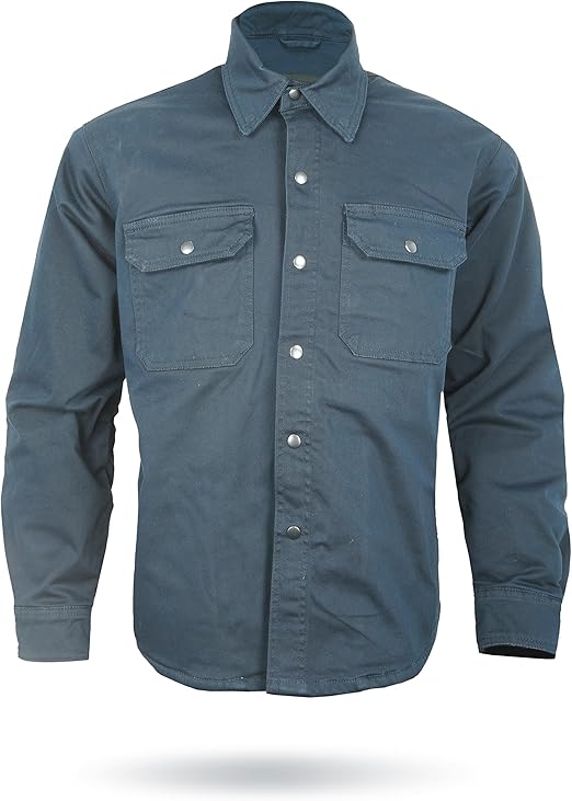 Dark Blue Armored Motorcycle Riding Shirt Reinforced With Kevlar- Cotton Twill Fabric