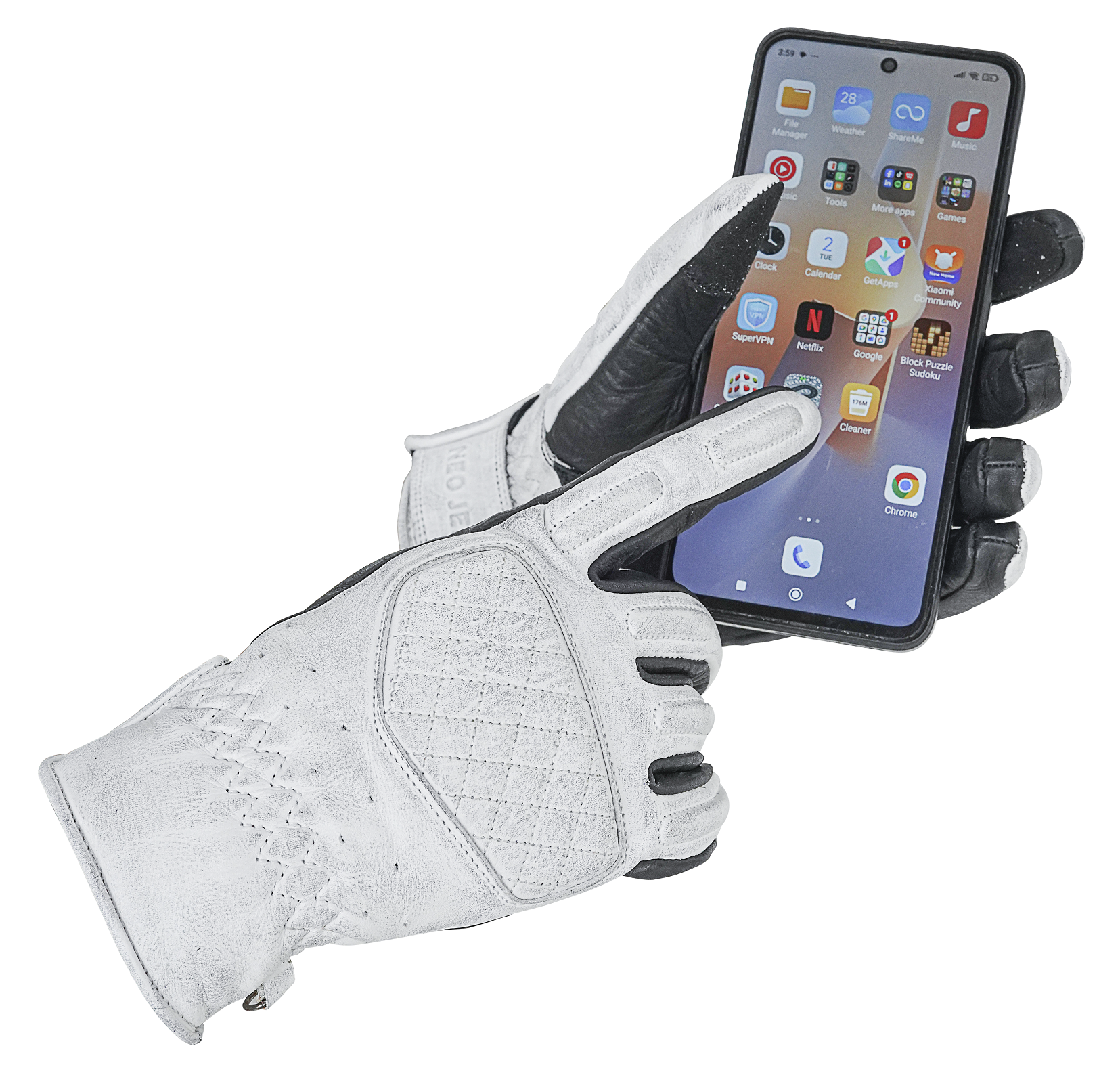 NEO White Motorcycle Diamond Hand Protective Leather Gloves