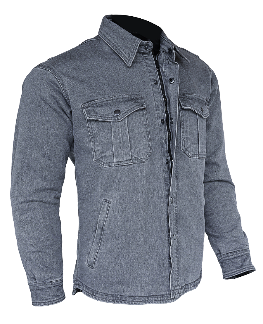 Grey Armored Motorcycle Neo Denim Moto Riding Shirt Reinforced With full 100% Genuine Heavy Aramid Fabric Lining
