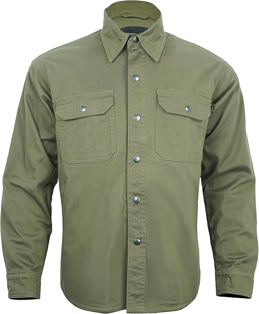 Green Armored Motorcycle Riding Shirt Reinforced With Kevlar- Cotton Twill Fabric.