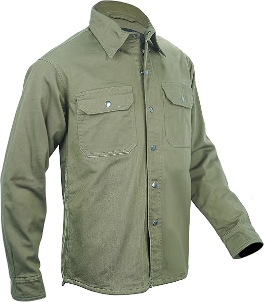 Green Armored Motorcycle Riding Shirt Reinforced With Kevlar- Cotton Twill Fabric.