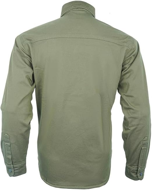 Green Armored Motorcycle Riding Shirt Reinforced With Kevlar- Cotton Twill Fabric.