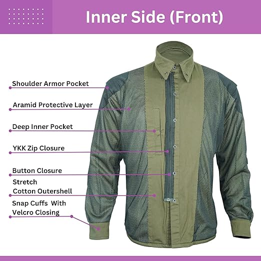 Green Armored Motorcycle Riding Shirt Reinforced With Kevlar- Cotton Twill Fabric.