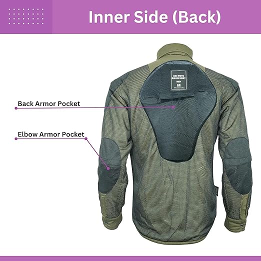 Green Armored Motorcycle Riding Shirt Reinforced With Kevlar- Cotton Twill Fabric.