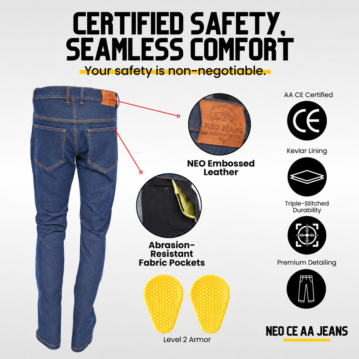 NEO CE AA Motonox JEANS – BLUE |Ultimate Protection With CE Fabric, CE Hip and Knee Armors