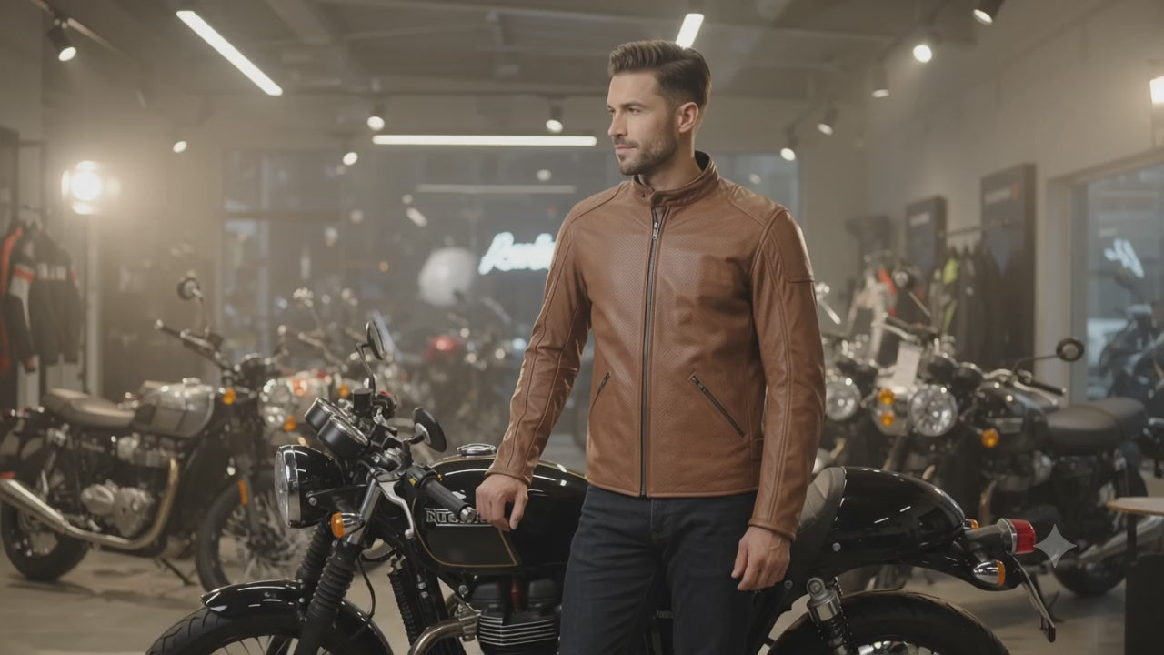 Motorcycle Oakwood 100% Cowhide Leather Jacket by Neo Jeans Brown Color with removable CE Level 2 armor (Copy) (Copy)