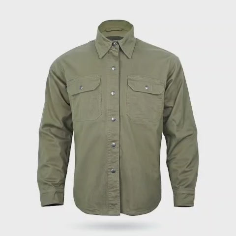 Green Armored Motorcycle Riding Shirt Reinforced With Kevlar - Cotton Twill Fabric