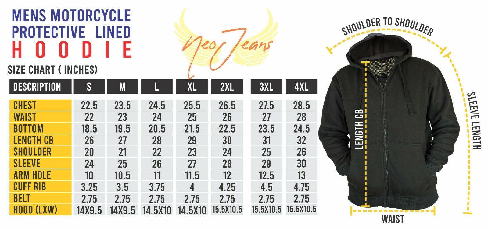 Motorcycle Fleece Hoodies sizechart