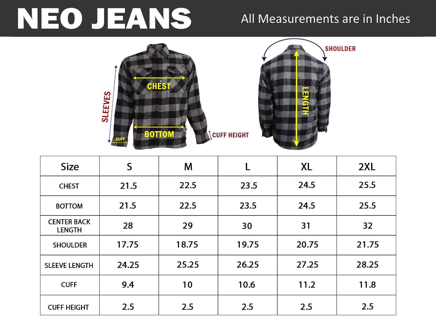 Flannel Shirt sizechart