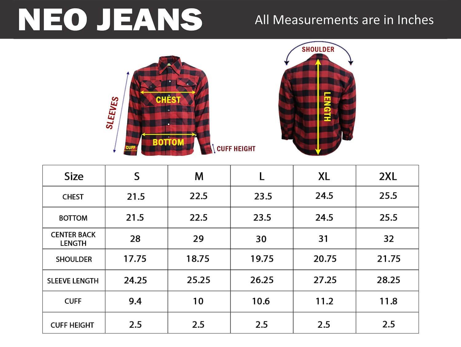 sizechart flannel shirt red