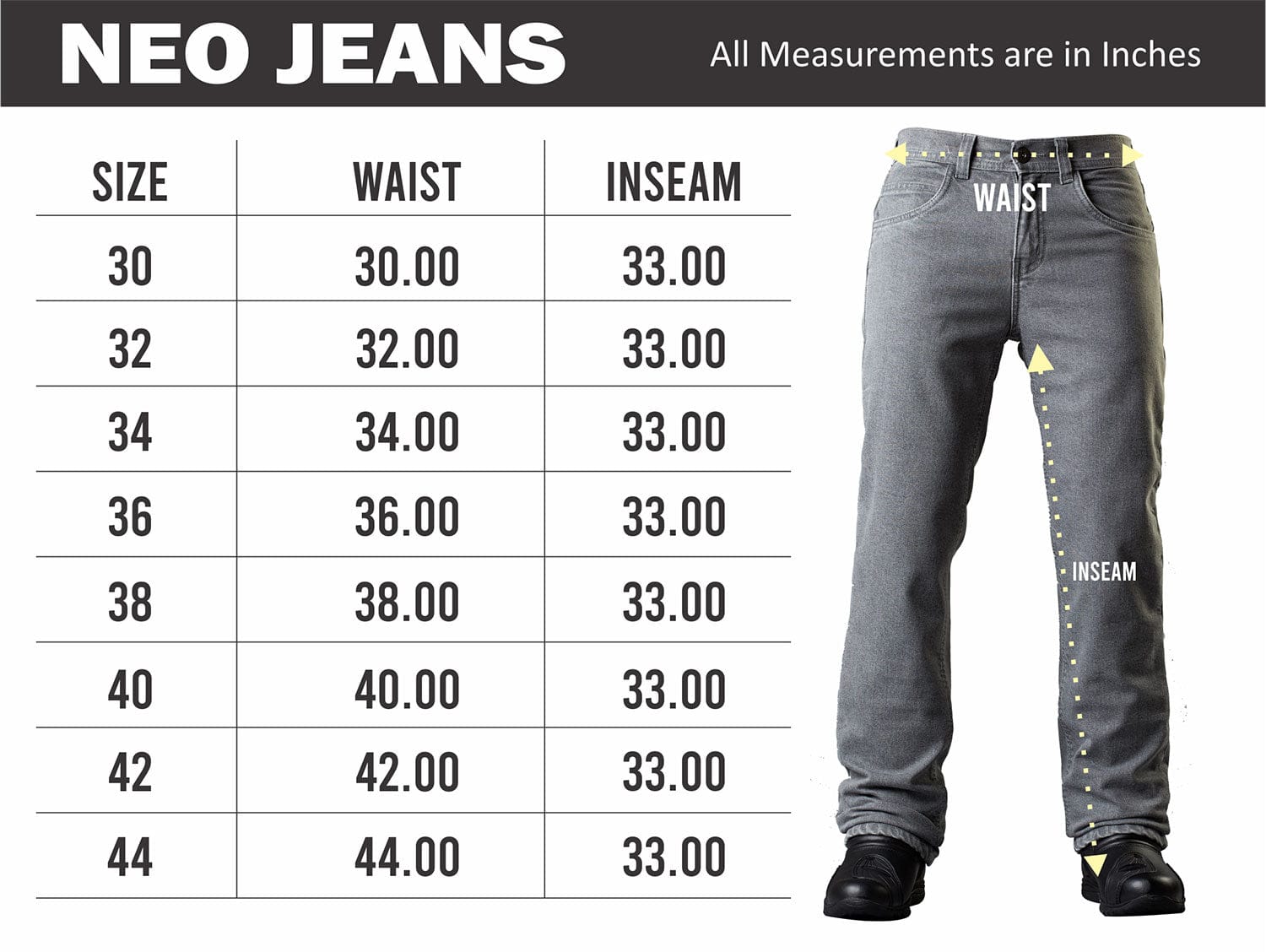 Motorcycle Jeans sizechart
