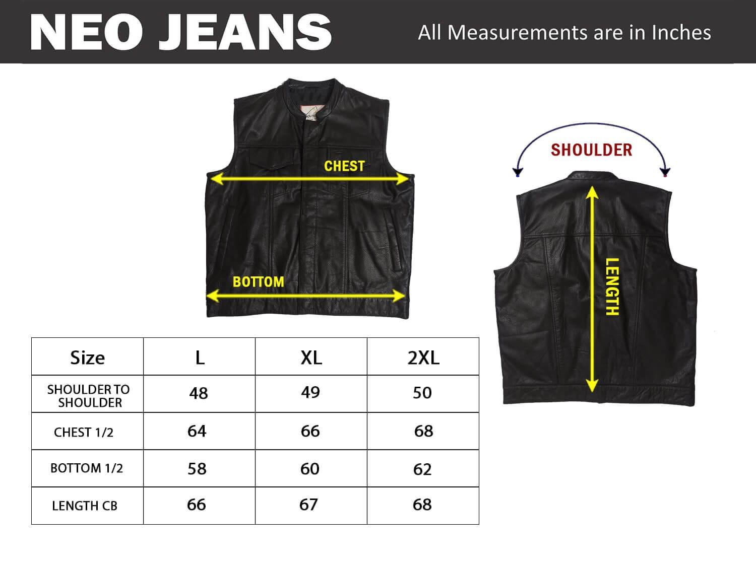 Motorcycle Leather Vest sizechart